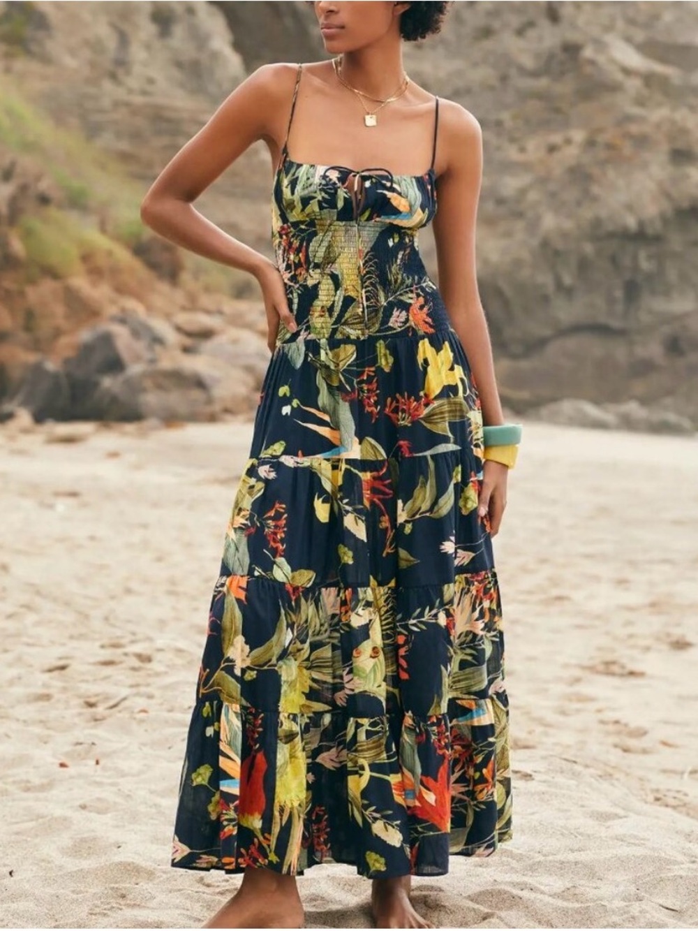 Anthropologie Navy Tropical Floral Tiered Maxi Dress